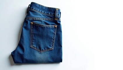 Classic blue denim jeans, crisply folded on white , background, pocket