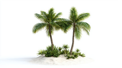 Obraz premium Two verdant palm trees stand amidst lush greenery on a small sandy island, showcasing a tropical paradise isolated on a clean, bright white background scene.