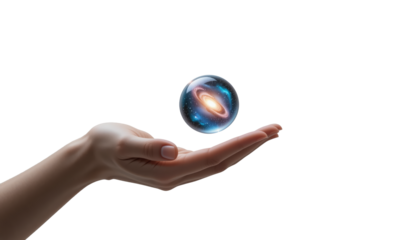 Hand holding galaxy sphere symbolizing universe and cosmic possibilities on transparent background