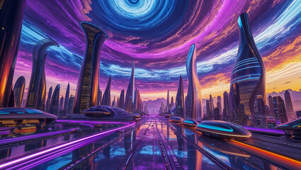  AI-generated images of Surreal and Futuristic cityscapes, with vibrant neon lights 
