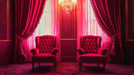 Elegant Red Room with Curtains and Armchairs