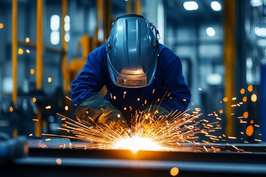 Industrial welder in protective gear with sparks flying in factory setting