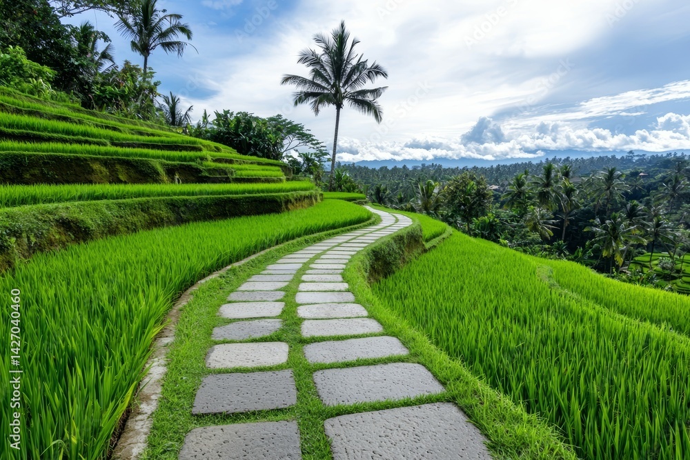 Poster a path winds through a lush green field with a palm tree in the background