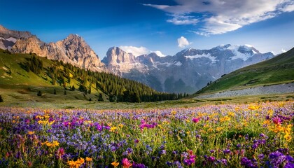 Obraz premium vibrant wildflowers in alpine meadow serene mountain landscape springtime renewal earth day celebration nature s colorful beauty