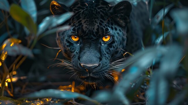 Rare black leopard hiding in dense jungle shadows sleek fur blending into the night glowing amber eyes locked onto prey ultra HD wildlife shot