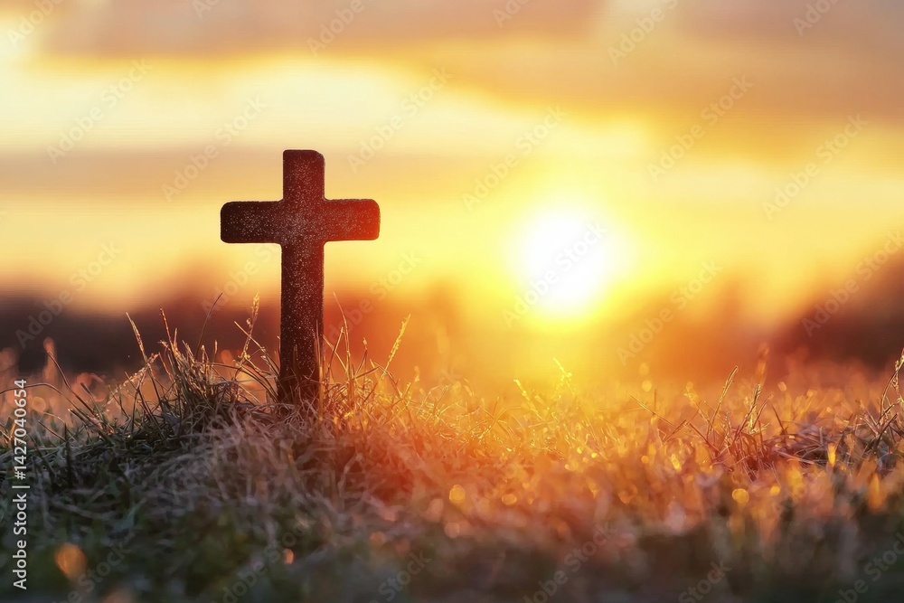 Poster cross is on a field with a sun in the background