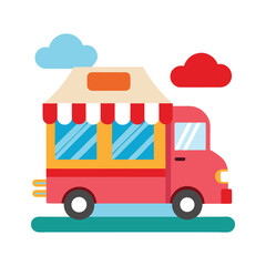 Cartoon style food truck in summer festival with colorful elements