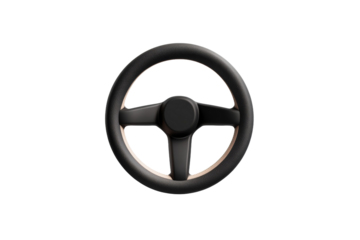 Close up of a black steering wheel with a white background, isolated
