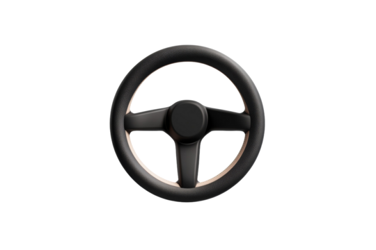 Close up of a black steering wheel with a white background, isolated