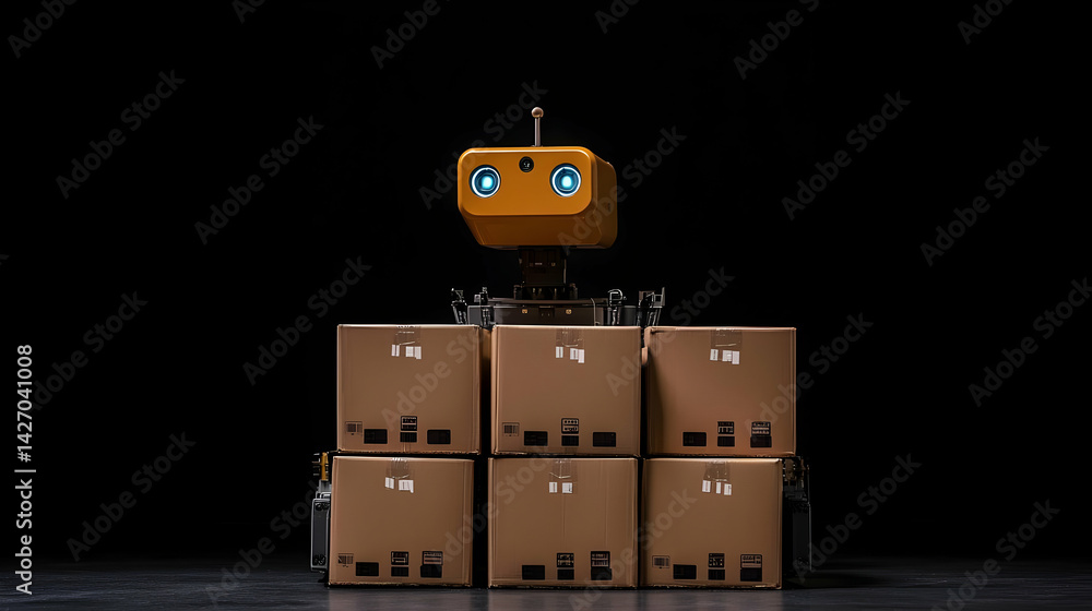 Poster autonomous delivery robot stacks cardboard boxes