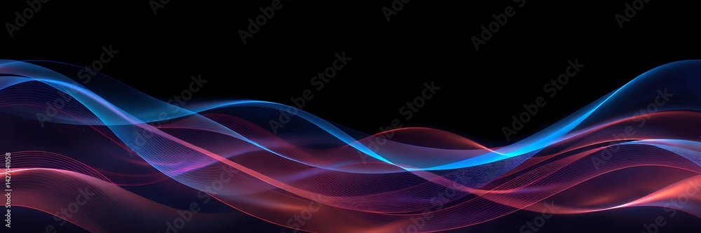 Poster abstract background featuring flowing translucent waves of blue and red against a dark backdrop