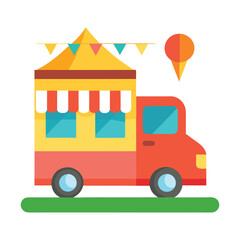 Cartoon style food truck in summer festival with colorful elements