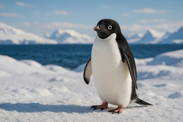 Fototapeta premium Adelie penguin on snowy landscape.