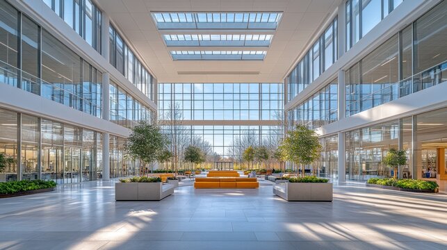 Modern, bright office atrium with plants and seating