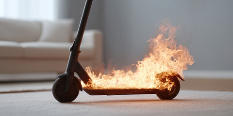 An electric scooter catches fire in a living room. A dangerous situation, scooter catches fire, battery explodes. 