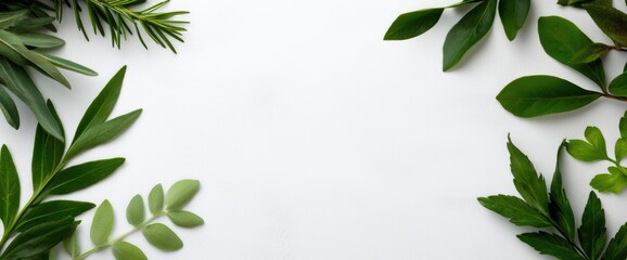 Obraz premium Green leaves frame natural border copy space clean white background botanical elements