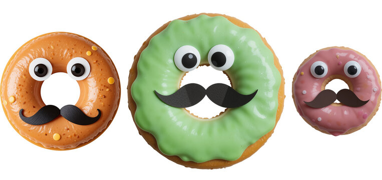 Set collections of Whimsical donuts with googly eyes and mustaches for fun food inspiration on transparent background