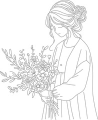 Simple woman line art Vector, girl with flowers and leaves vector art, girl with flowers