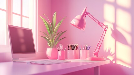 Pink aesthetic workspace desk setup with computer lamp and plant for study and creative work