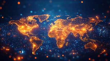 Global network map.  Illuminated world map with glowing connections, depicting a global network of interconnected points.  Modern abstract representation of worldwide communications