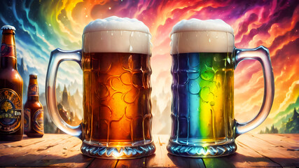 two beer mugs, massive big bavarian beer festival mugs on abstract colorful background.