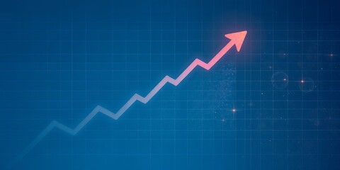 Naklejka premium Illustration of a pink arrow trending upwards on a blue background with grid pattern overlay