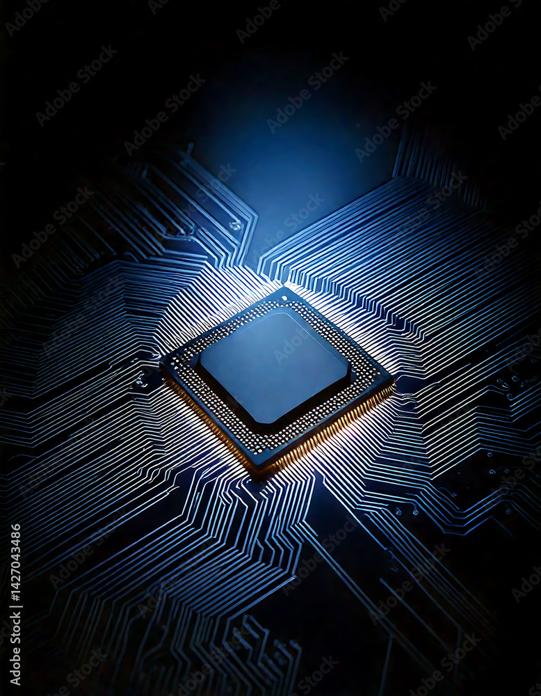 Poster a dramatic closeup of a microprocessor glowing on a circuit board, symbolizing technological innovat