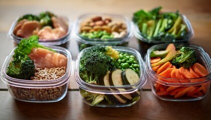 close up of nutritious meal prep containers with vegetables and lean proteins