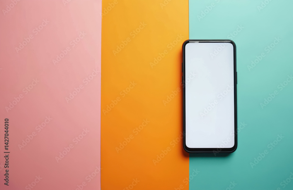 Poster modern smartphone device blank screen on vibrant colorful background. minimalist tech design concept