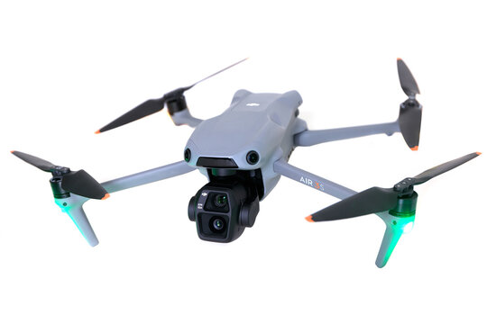 Rotmanka, Poland - April 15, 2025: New drone DJI Air 3S with the two lens gimbal ready to fly.