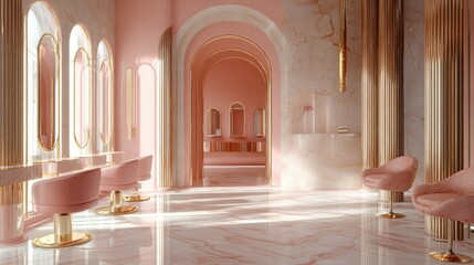 Pink salon interior, with gold accents and arches.