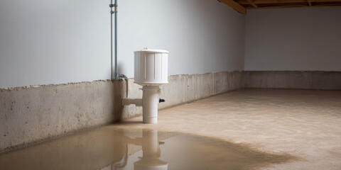Sump pump in basement corner, effective elimination of water flooding. 