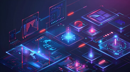 Isometric representation of data visualization with glowing elements and digital interfaces .