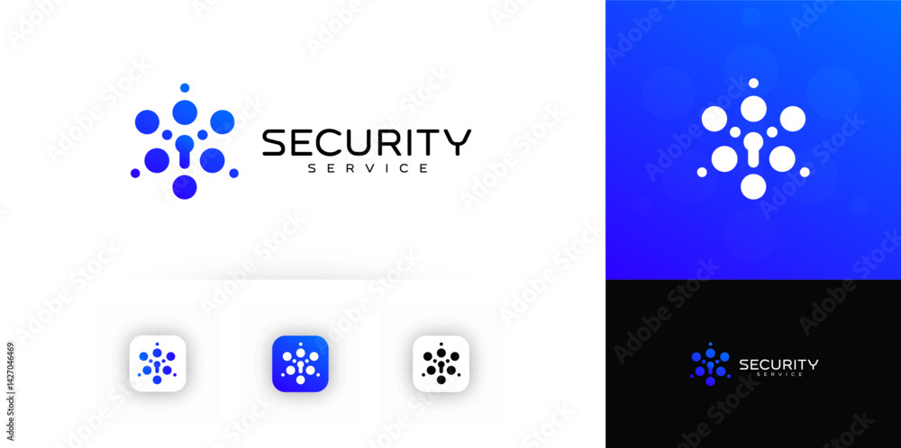 Poster modern security service logo with abstract lock and dot network in blue gradient, ideal for cybersec