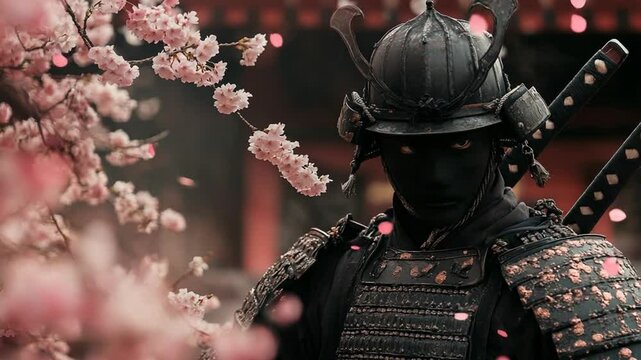 Enigmatic Samurai in Black Armor Amidst Falling Cherry Blossoms - Japanese Warrior Culture