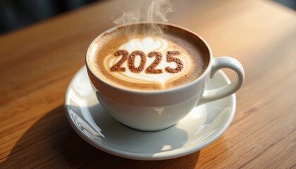 Cup coffee latte art 2025 steam. Hot drink on wooden table, coffee cup, white mug on saucer. Morning breakfast drink, cafe, restaurant, caffeine, cozy atmosphere.