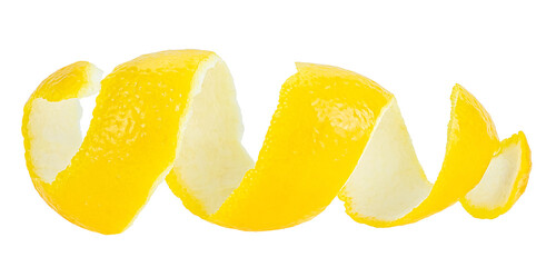 Fresh lemon peel or lemon twist isolated on a white background. Spiral citrus zest.