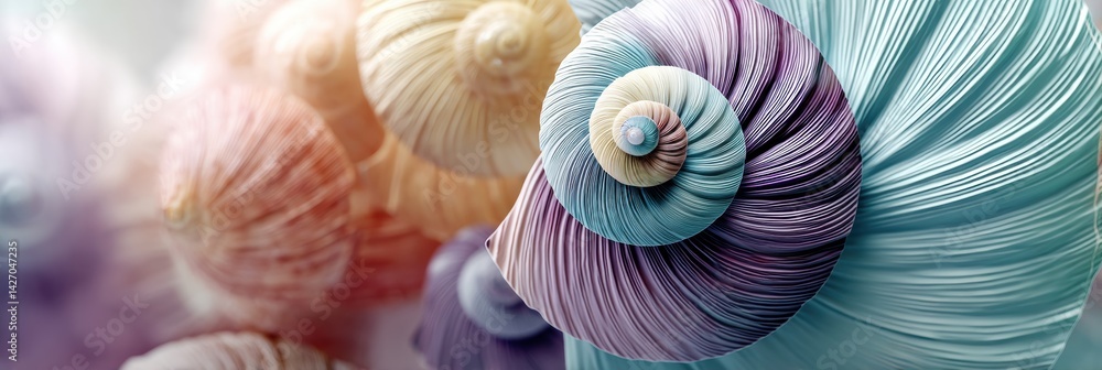 Poster exploration of intricate seashell spiral structures with soft pastel colors near the ocean shore dur