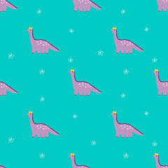 dinosaur girl in yellow bow seamless pattern with floral elements, kids fabric and textile texture, nursery decoration, accessories.