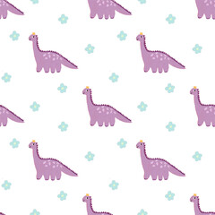 dinosaur princess in yellow crown seamless pattern with floral elements, kids fabric and textile texture, nursery decoration, accessories.