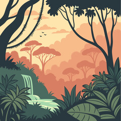 Naklejka premium vector illustration of a tropical landscape in jungle