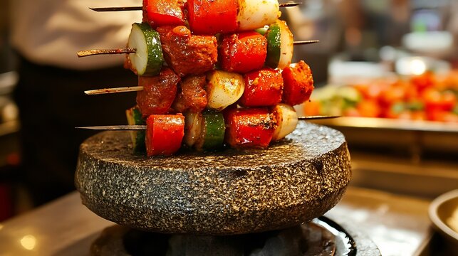 Pincho Moruno Moorish Kebab Skewer resting a stone coaster only the smoky paprika crust in color spiced meat for street food markets