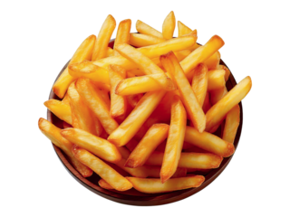 Golden, crispy french fries piled high in a rustic wooden bowl.  Perfect for menus, food blogs, or advertising.  A delicious and visually appealing image of classic comfort food.