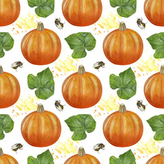 Delicate hand-painted watercolor fall pattern with pumpkins, bumblebees, leaves, and soft yellow splashes. Perfect for sublimation, scrapbooking, decor, greeting cards, planners, cozy DIY projects.