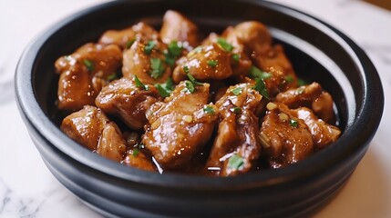 Pollo al Ajillo Garlic Chicken Golden garlic chicken pieces mini cast iron skillet on a marble counter only the honey gold garlic oil shimmering in color immune boosting garlic for clean eating trends