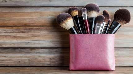 Makeup Brushes In Pink Container On Wooden Background