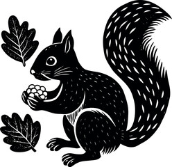 Squirrel Collecting Nuts With Hand Drawn Leaves An