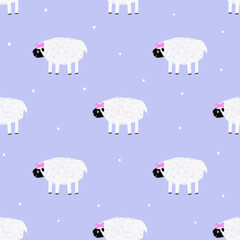 seamless pattern with cute sheep in naive kids style and dots. Kids fabric texture, print for nursery, baby clothing.