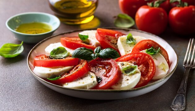 italian caprese salad with sliced tomatoes mozzarella cheese basil olive oil
