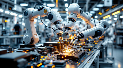 Obraz premium Futuristic robotic arms assembling electronic components in high tech manufacturing facility, showcasing precision and advanced technology in automation